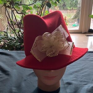 Red Fedora Wool Hat with Decorative Rhinestone Bow